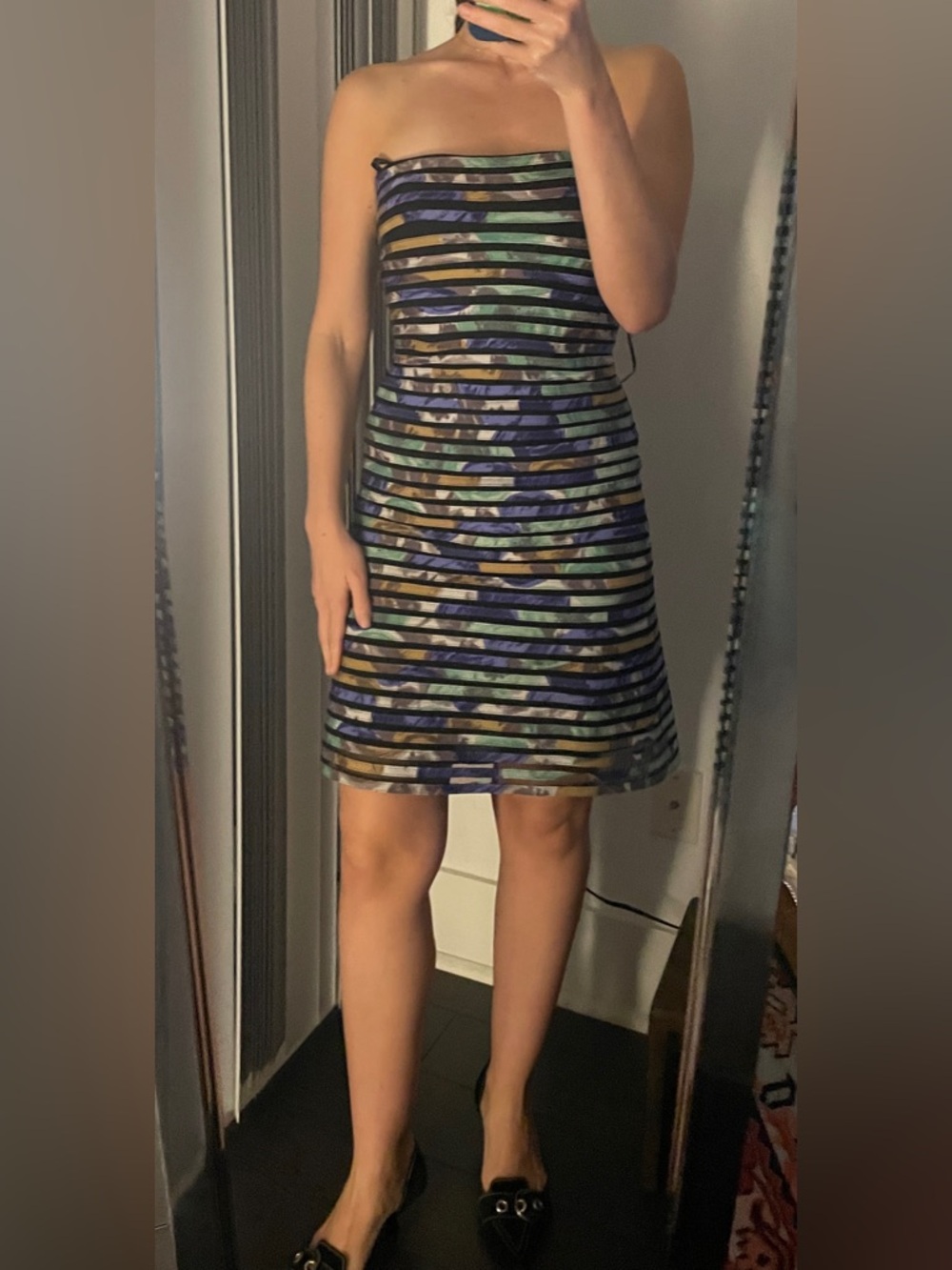 BCBGMaxAzria Strapless Multicolor Stripe Midi Dress